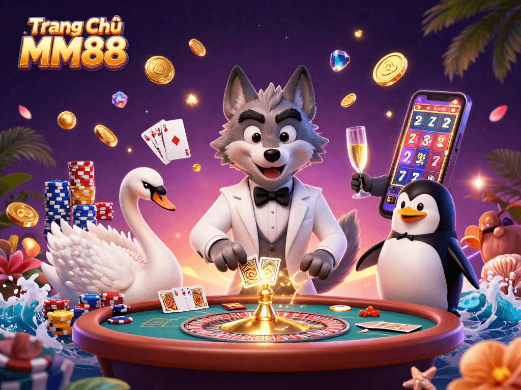 Experience the excitement at Trang Chủ MM88 with vibrant casino characters amidst cascading gold and gems.