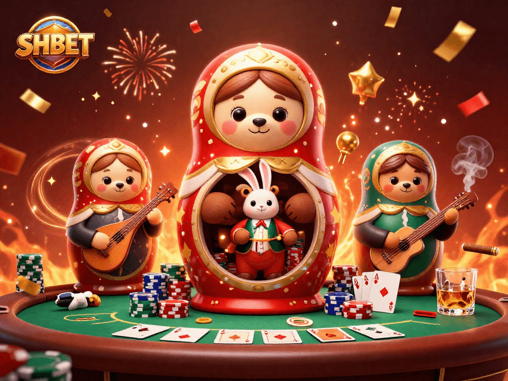Experience SHBET through a vibrant casino scene featuring playful characters, poker elements, and bold atmosphere.