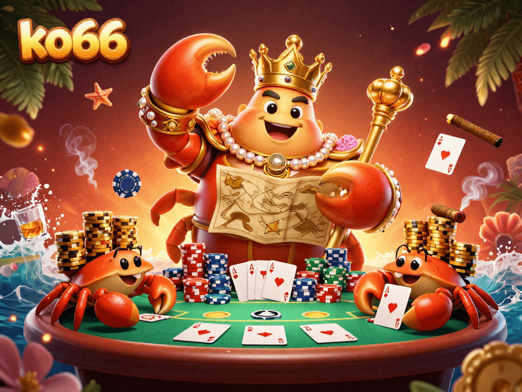 Experience winning strategies at ko66's vibrant 3D casino scene with golden elements.