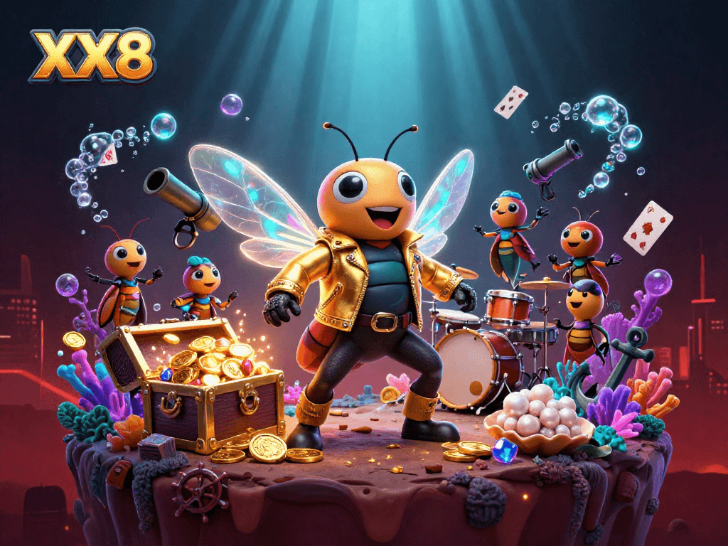 Experience the excitement of XX8 with a vibrant 3D casino scene featuring dynamic characters and rich gambling elements.