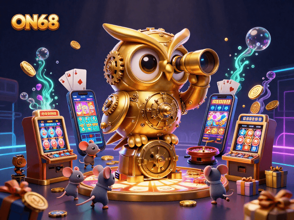 Experience the excitement at ON68 with a vibrant scene showcasing a golden owl overlooking a bustling casino floor full of games and action.