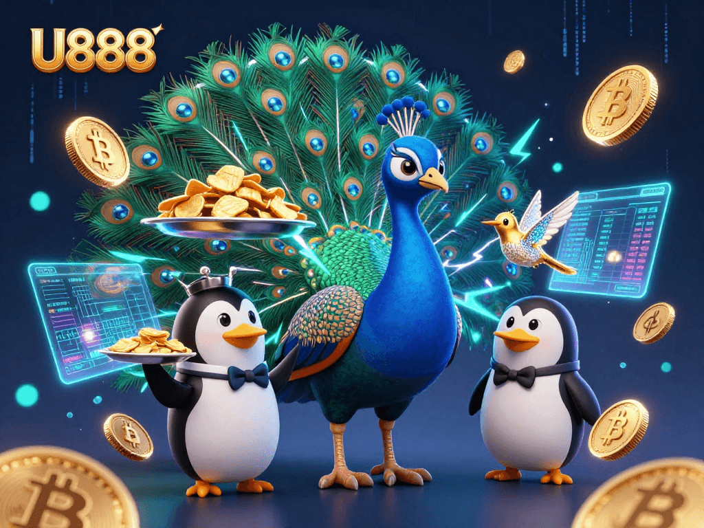 Engage with U888's vibrant casino world featuring a peacock and butler penguin in a colorful scene.