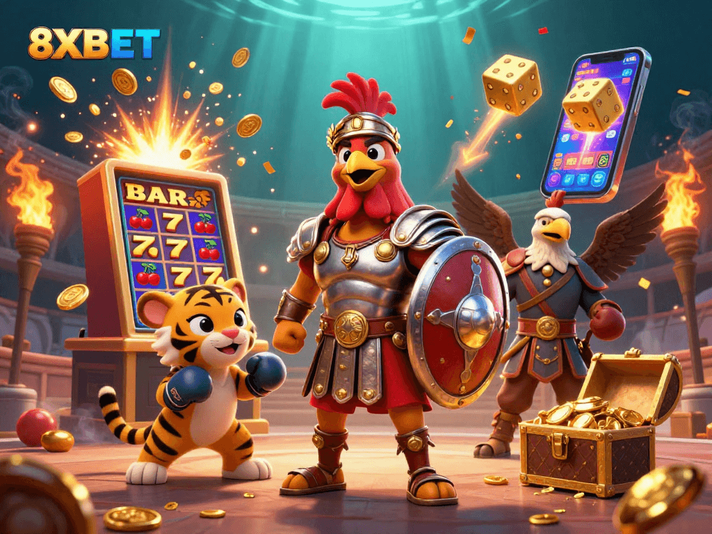 Betting excitement ignites at 8XBET with vibrant slot machines, symbolizing jackpot wins.