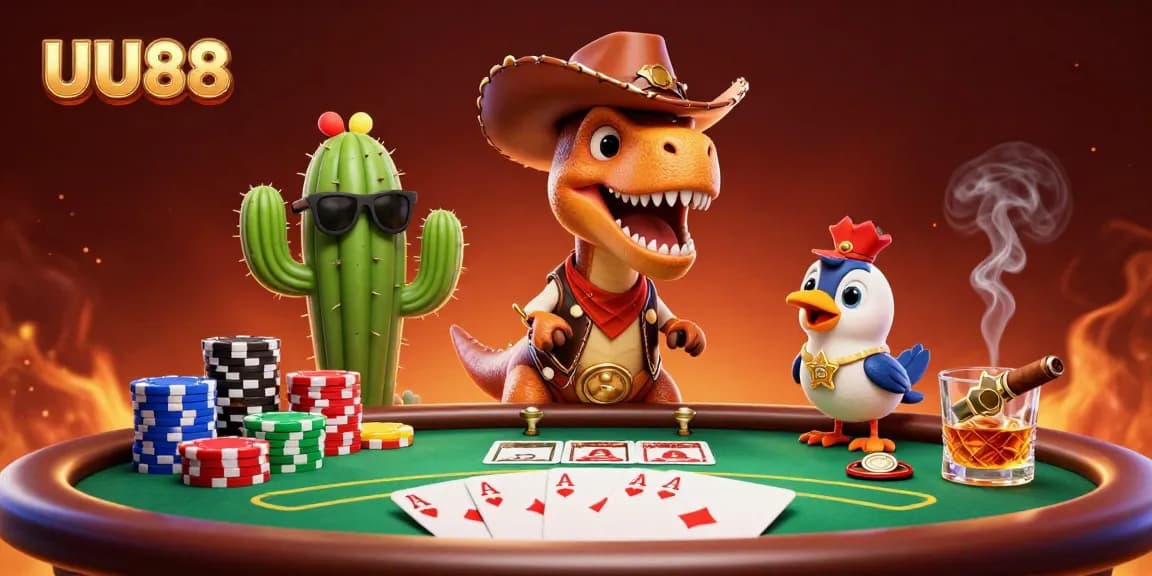 Join the fun with UU88 at a dynamic poker table with cartoon characters in a vibrant casino scene.