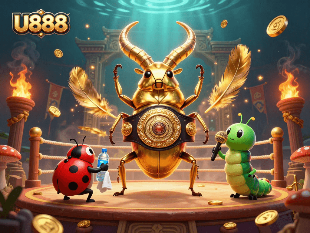 Gathering around U888's thrilling atmosphere, a scene showcases a beetle champion in a vibrant gaming arena.