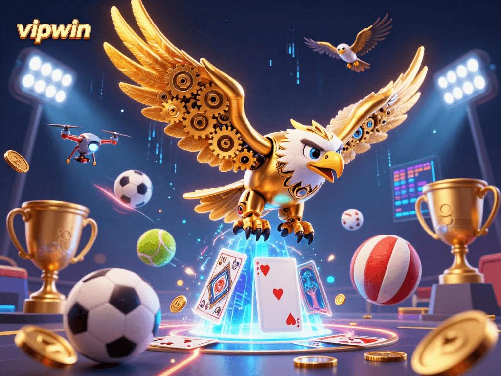 Experience thrilling gameplay with vipwin as a golden eagle dives through holographic cards amidst dynamic sports elements.