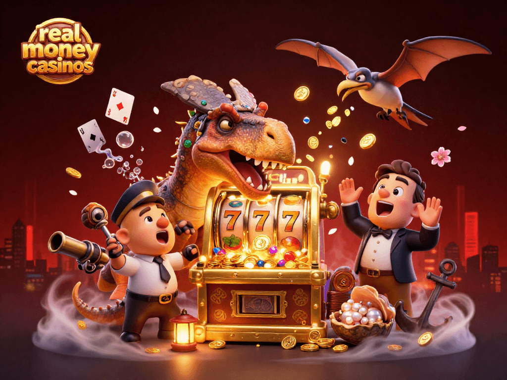 Experience thrilling action at real money casinos with dinosaurs, slot machines, and golden coins!