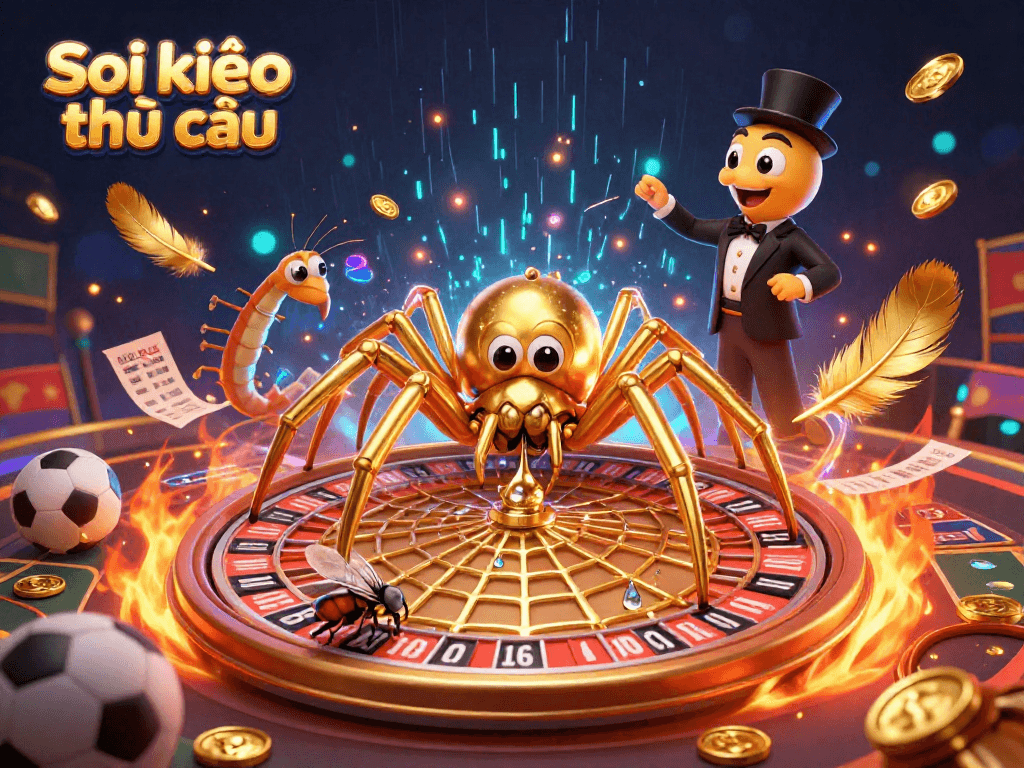 Soi kèo nhà cái showcases a daring fly at the roulette wheel with a golden spider and centipede croupier.