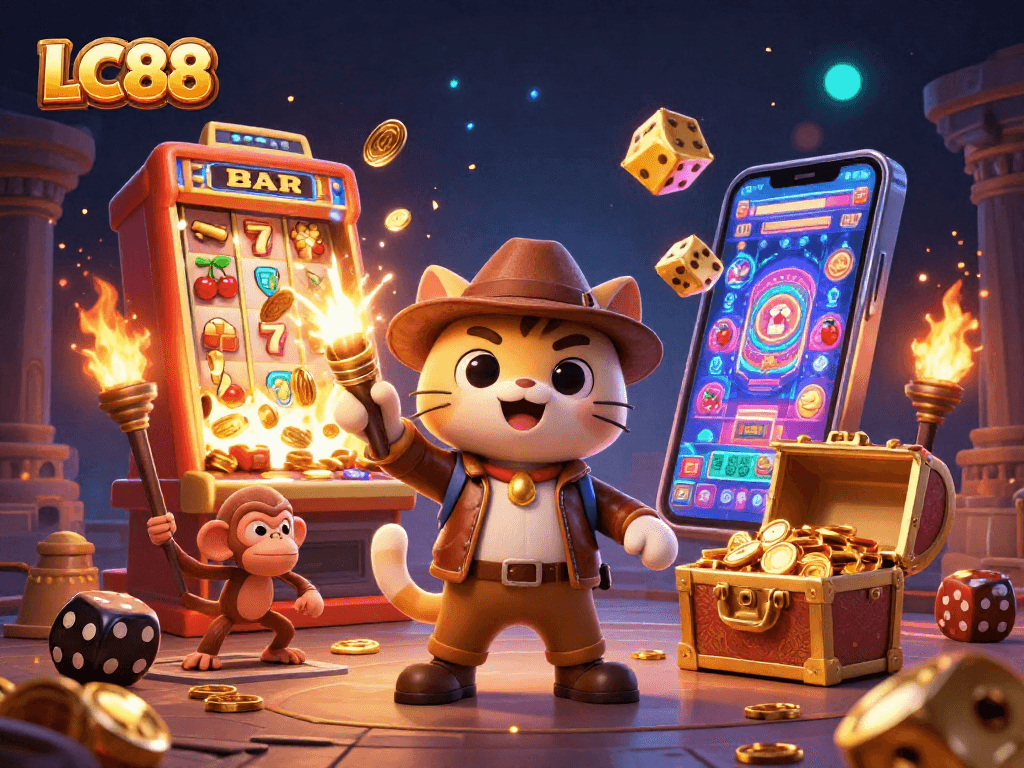 LC88 takes center stage as an adventurous cat discovers jackpot treasures amidst a vibrant casino scene.