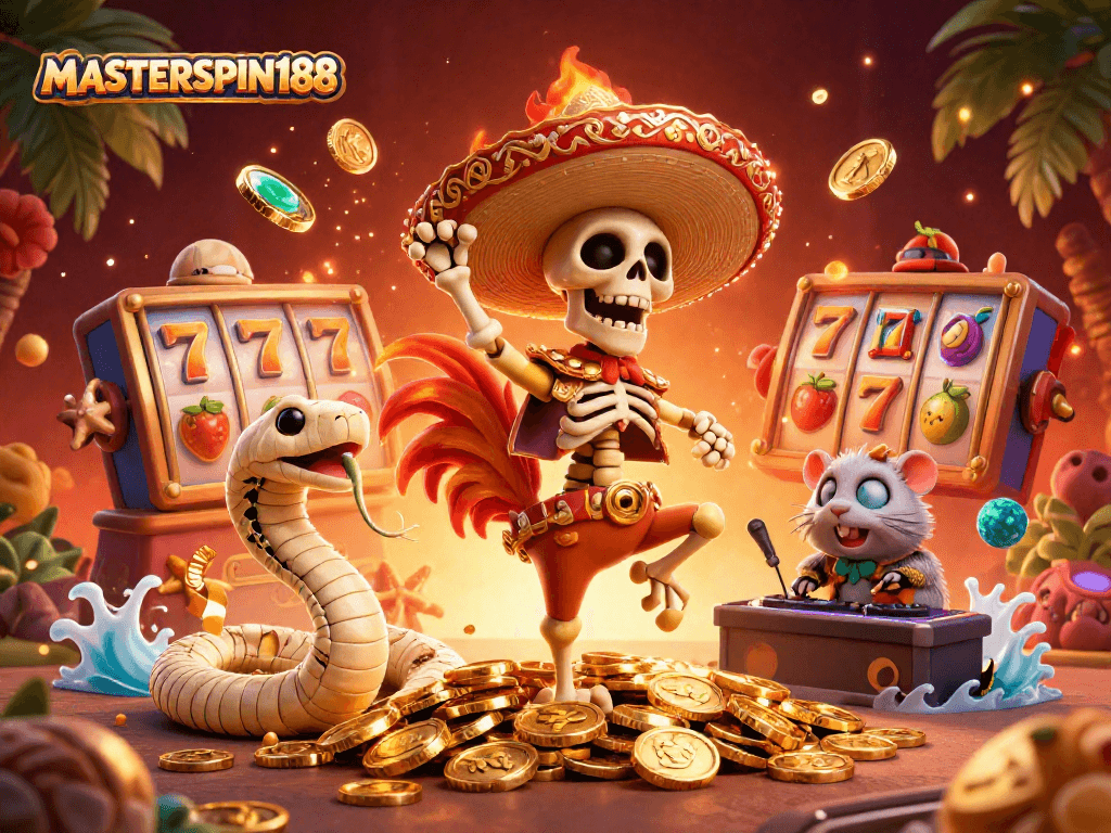 Experience excitement with MASTERSPIN188 as a mariachi rooster dances on jackpot coins in a vibrant casino scene.