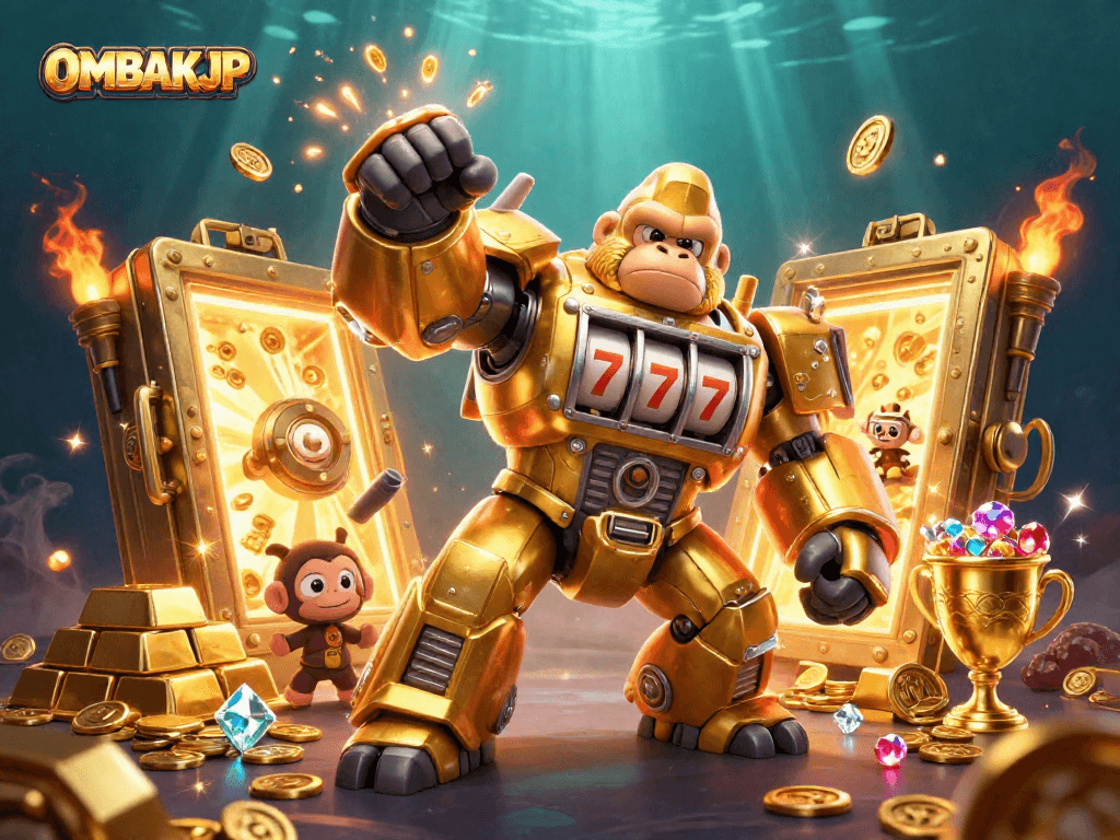 OMBAKJP showcases a golden gorilla mech and slots, bursting with treasures in a 3D digital illustration.