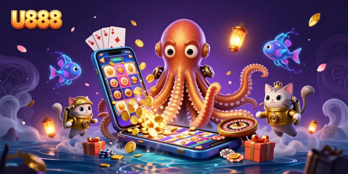 Experience exciting gameplay at U888 with a kraken, diving cat, and glowing fish in a vibrant casino scene.