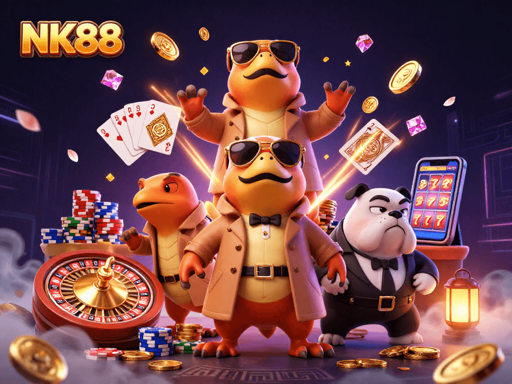 Experience the thrill at NK88 with vibrant casino action and playful characters in a dynamic setting.