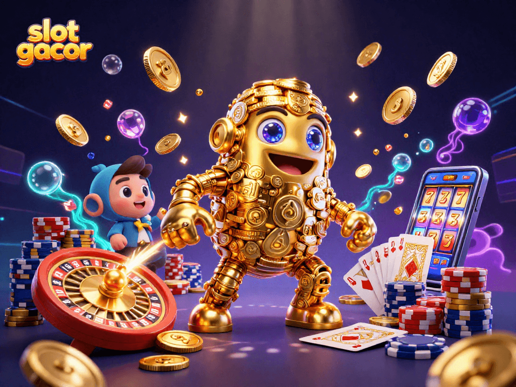 Menangkan jackpot dalam slot gacor yang penuh koin emas dan simbol mengkilap pada latar belakang kasino yang futuristik.