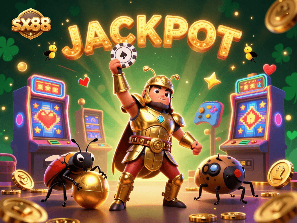 SX88 gaming scene showcasing victory with a 3D beetle character lifting a poker chip, jackpot celebration