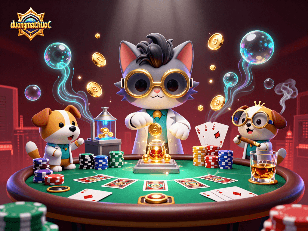 Experience duongmatchuoc in an action-packed scene with a scientist cat and lab assistant dog amidst poker elements.