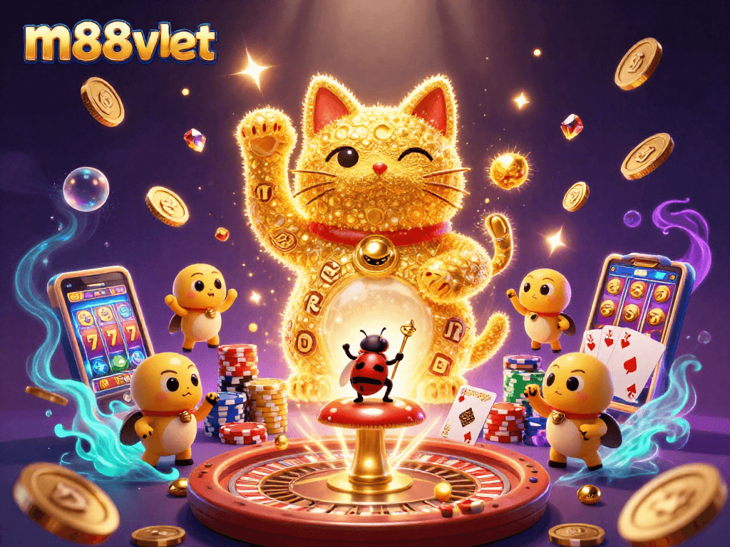 Experience thrilling gameplay with m88vbet amidst vibrant casino symbols and golden treasures.