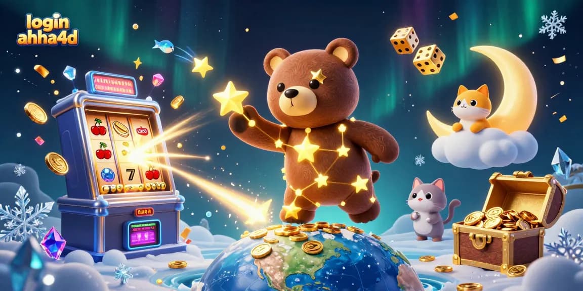 Tampilkan kesan memukau saat login ahha4d dengan ilustrasi kasino 3D yang kaya detail dan karakter ceria.