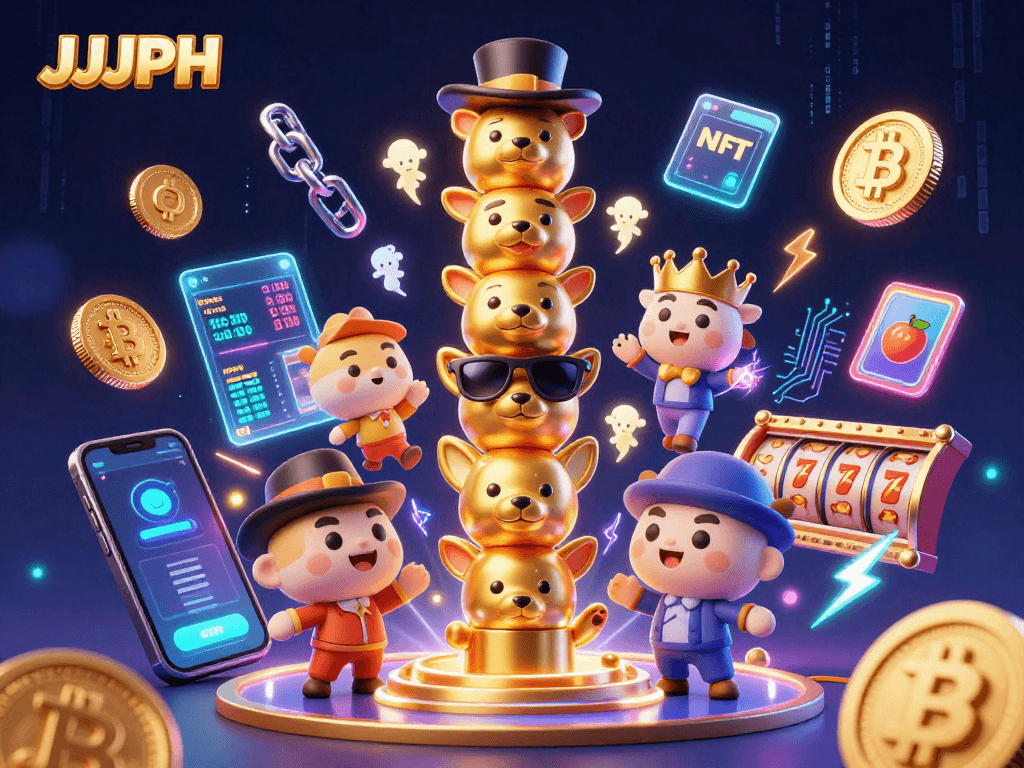 Magandang pagkilos ng JJJPH sa isang masayang casino scene na may mga slot reels at crypto coins.