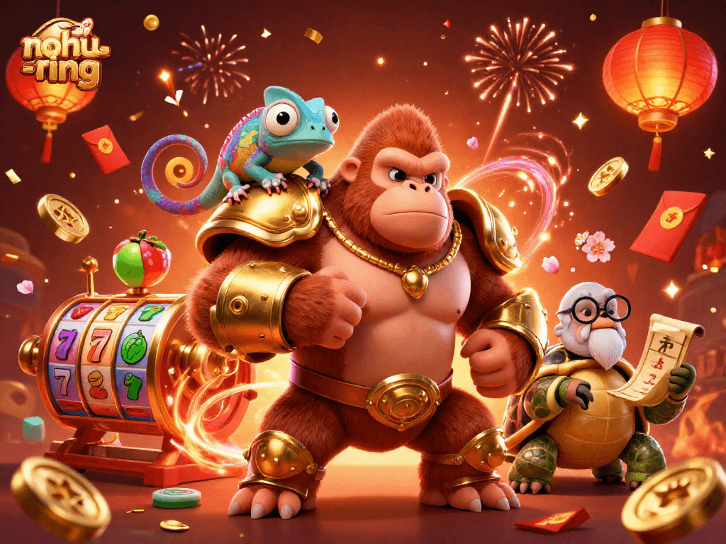 Experience nohu-ring with a gorilla king, a chameleon spy, and a tortoise elder surrounded by vibrant casino elements.