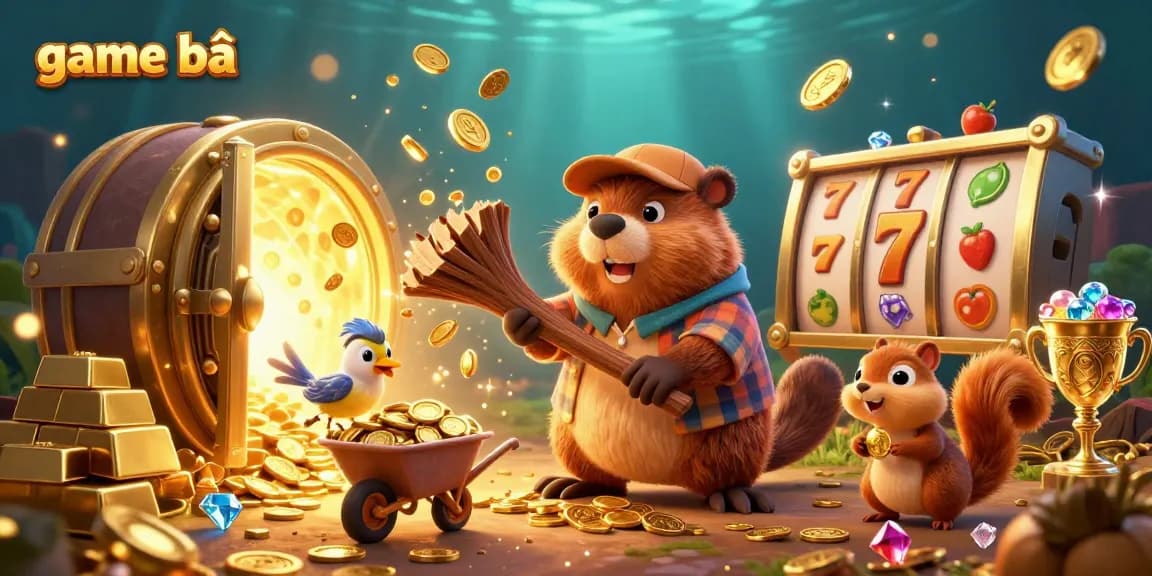 Engage with the game bài experience as a cartoon beaver wins coins surrounded by vibrant casino elements.