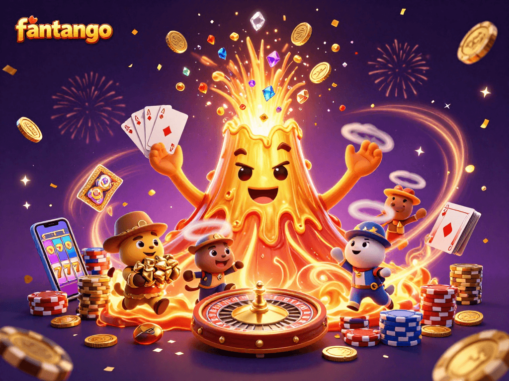 Experience the thrill of fantango as the golden volcano erupts with treasures amidst lively casino elements.