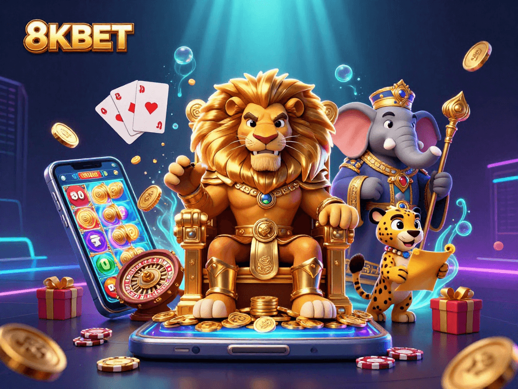Engage with 8KBET's thrilling casino experience featuring a majestic lion king and vibrant gaming elements.