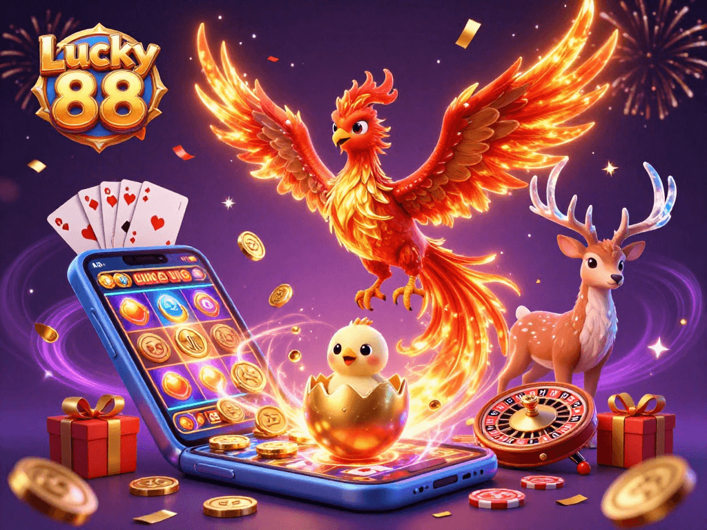 Spin to win with Lucky 88 as a vibrant 3D phoenix and casino elements light up the scene.