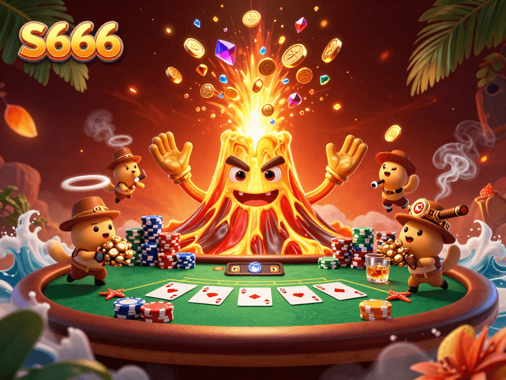 Experience thrilling wins at S666 with a dynamic scene of treasures and casino elements.
