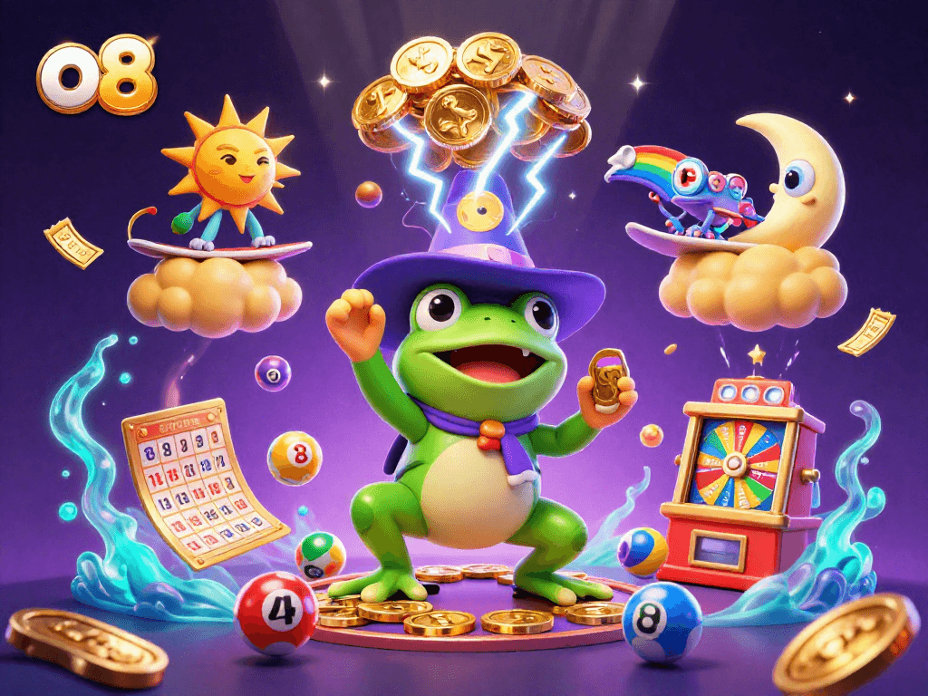 Experience the magic of o8 as a wizard frog conjures golden coins in a vibrant casino scene filled with lively game elements.