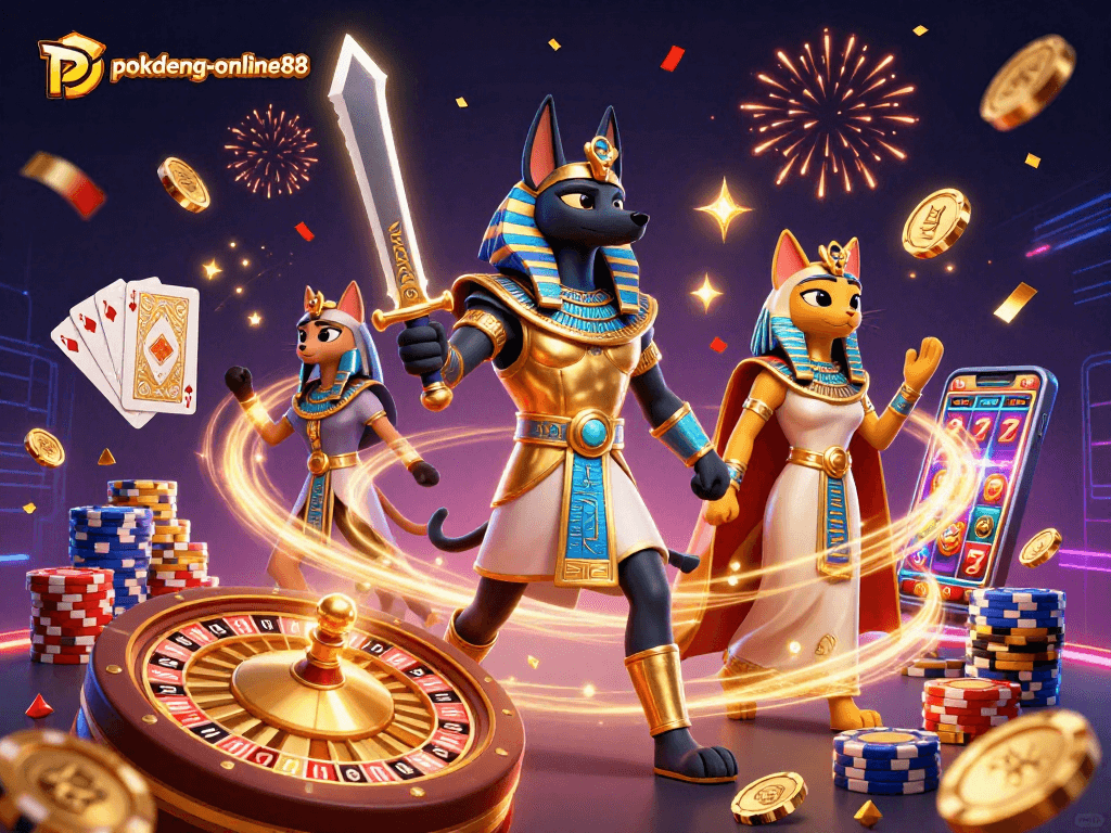 Experience thrilling gameplay at pokdeng-online88 with Anubis and Bastet surrounded by vibrant casino elements.