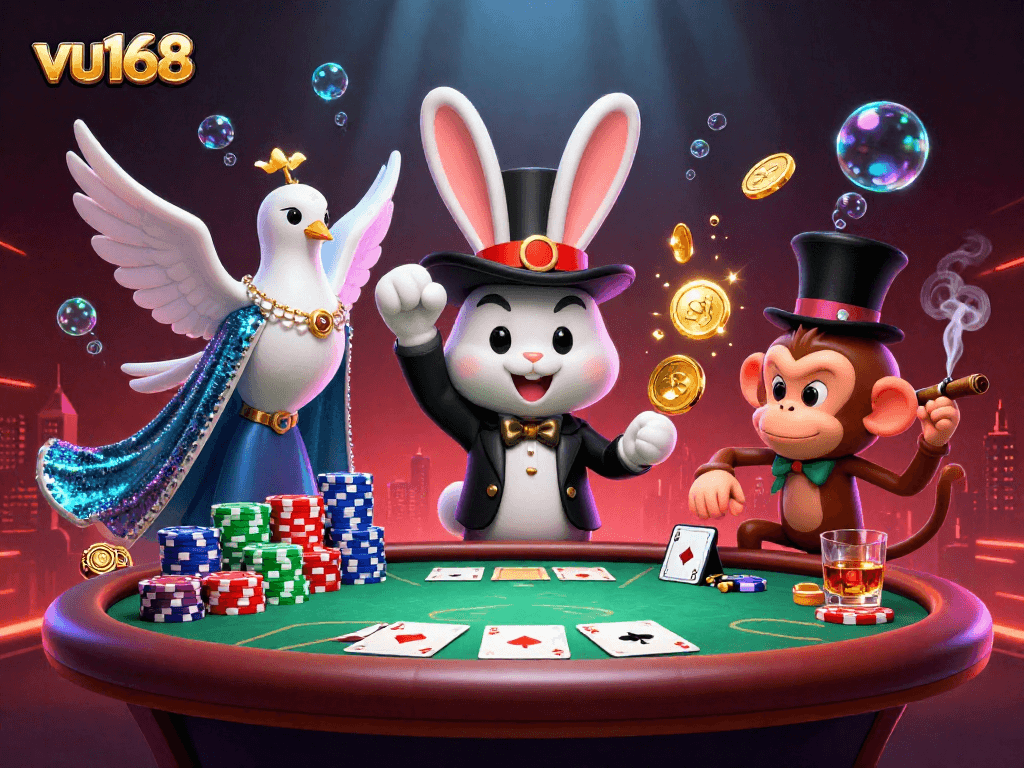 Experience thrilling gameplay with vu168 as the magician rabbit conjures coins at a vibrant poker table.