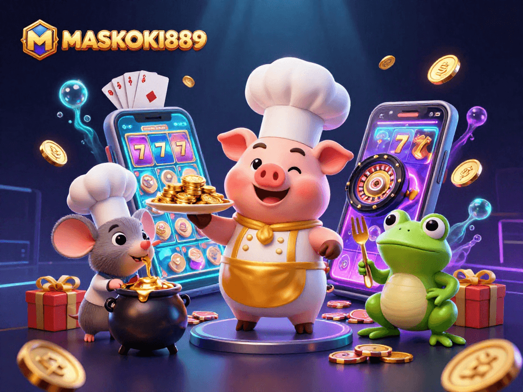 Enjoy vibrant slot game action with MASKOKI889, featuring a culinary celebration of coins and casino fun.