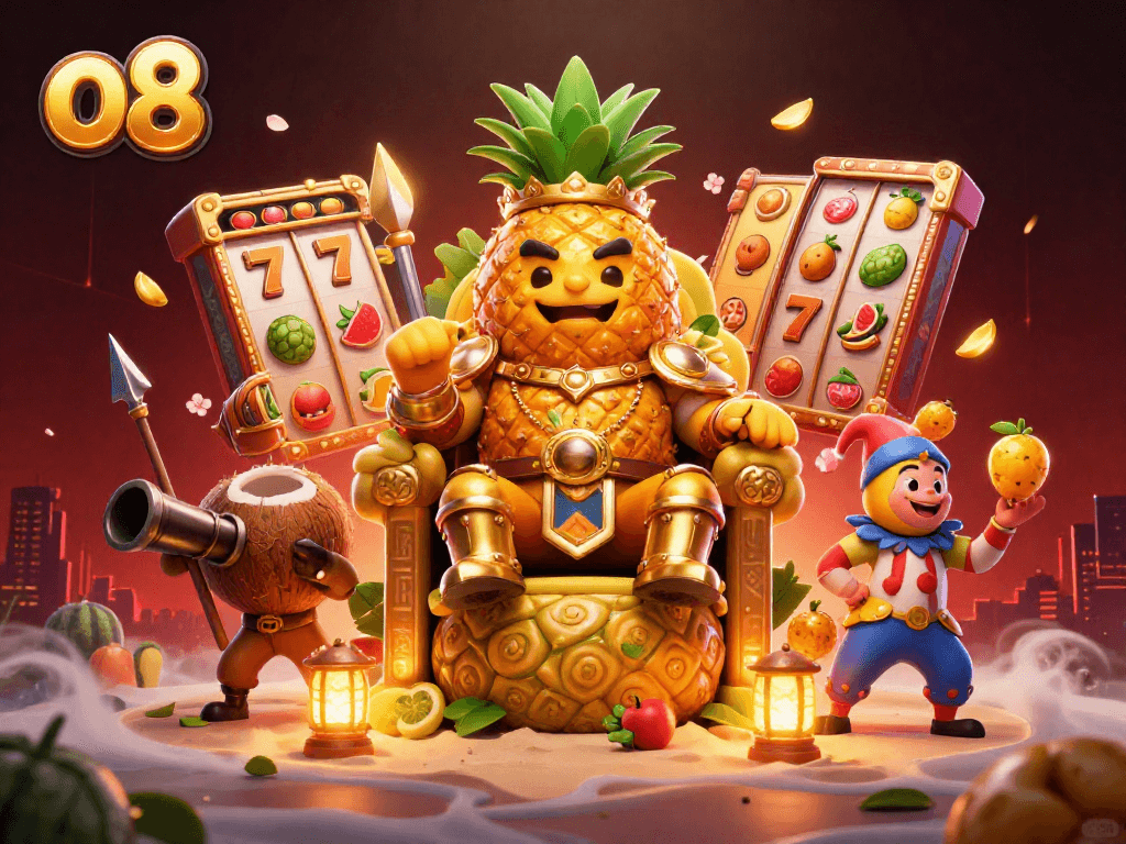 Experience thrilling gameplay at O8 with the golden pineapple king and vibrant slot elements.
