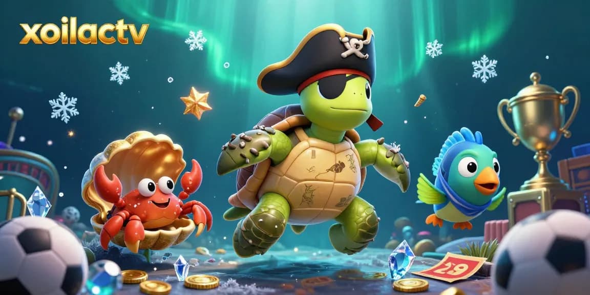 Xoilactv sports betting scene featuring a cartoon pirate turtle with a hermit crab and parrotfish, betting on games.