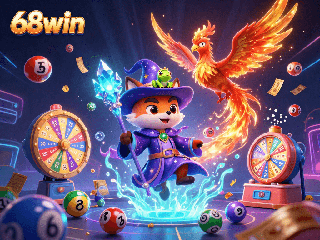 Experience thrilling gaming with 68win's colorful lottery elements and mystical characters in 3D.