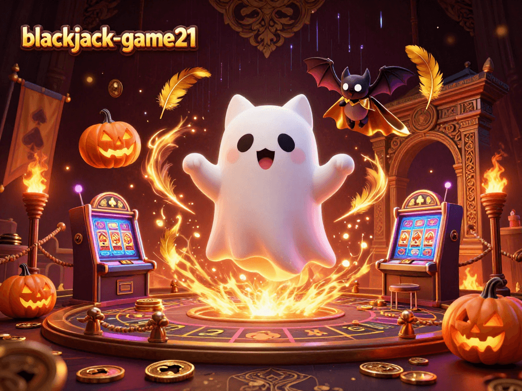 Engage in the thrilling ambiance of blackjack-game21 with a friendly ghost cat and vampire bat amidst vibrant casino elements.