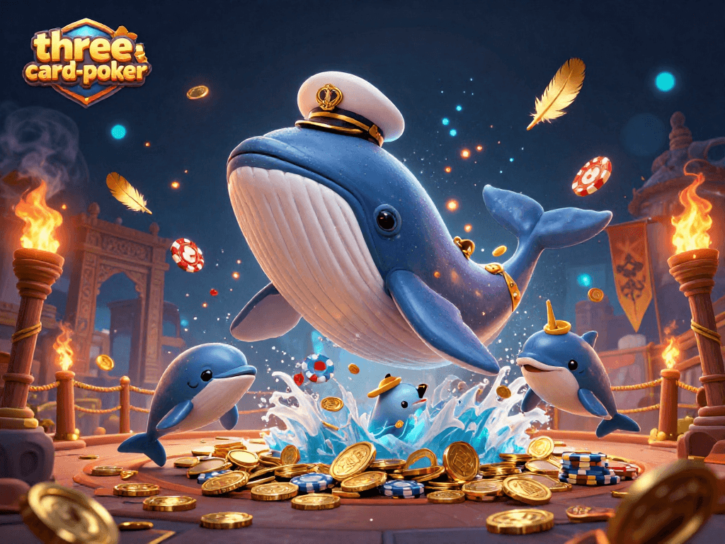Engage in three-card-poker as a whale breaching through coins with poker chips, vibrant casino atmosphere.