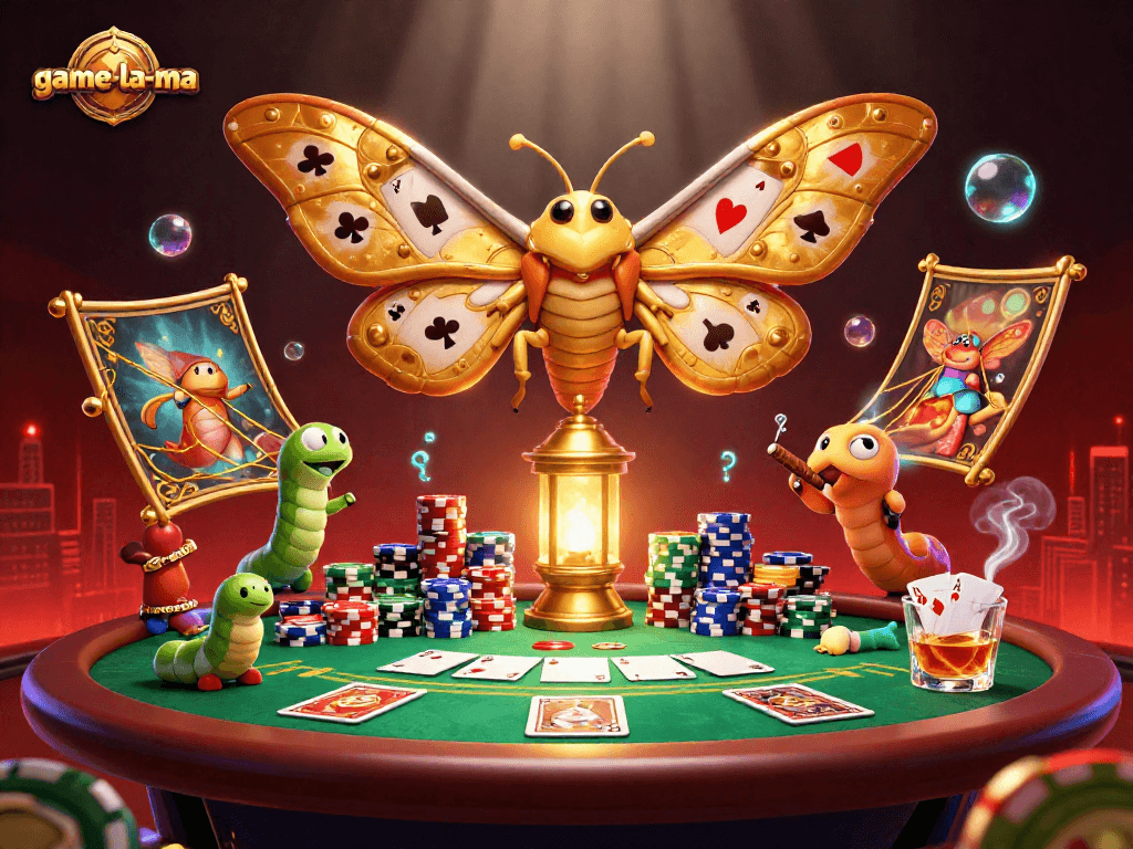 game-la-ma poker atmosphere illustrated with a majestic atlas moth and vibrant casino elements.