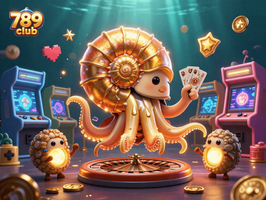 Experience the excitement of 789club with a vibrant 3D casino scene featuring a giant nautilus and glowing game elements.