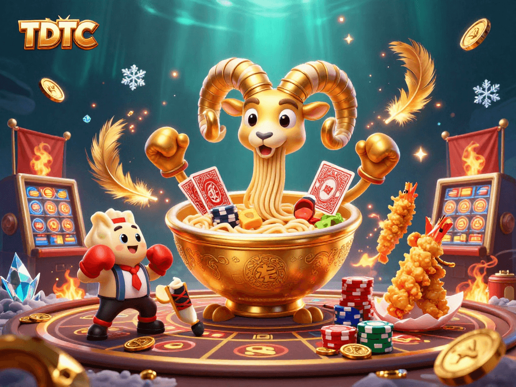 Bet gamblers with TDTC excitement in a vibrant casino scene featuring animated food characters.
