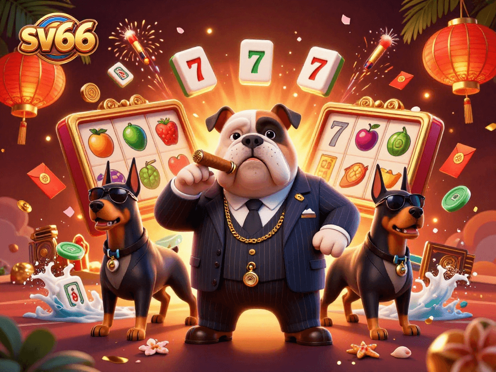 Engage with sv66 in a vibrant 3D casino scene with a bulldog mafia boss and Doberman bodyguards.