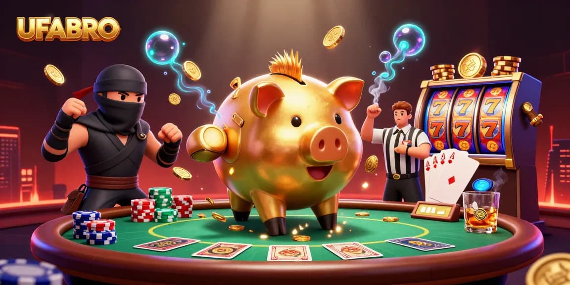 UFABRO players enjoying dynamic casino action with piggy bank sumo, ninja, and samurai elements