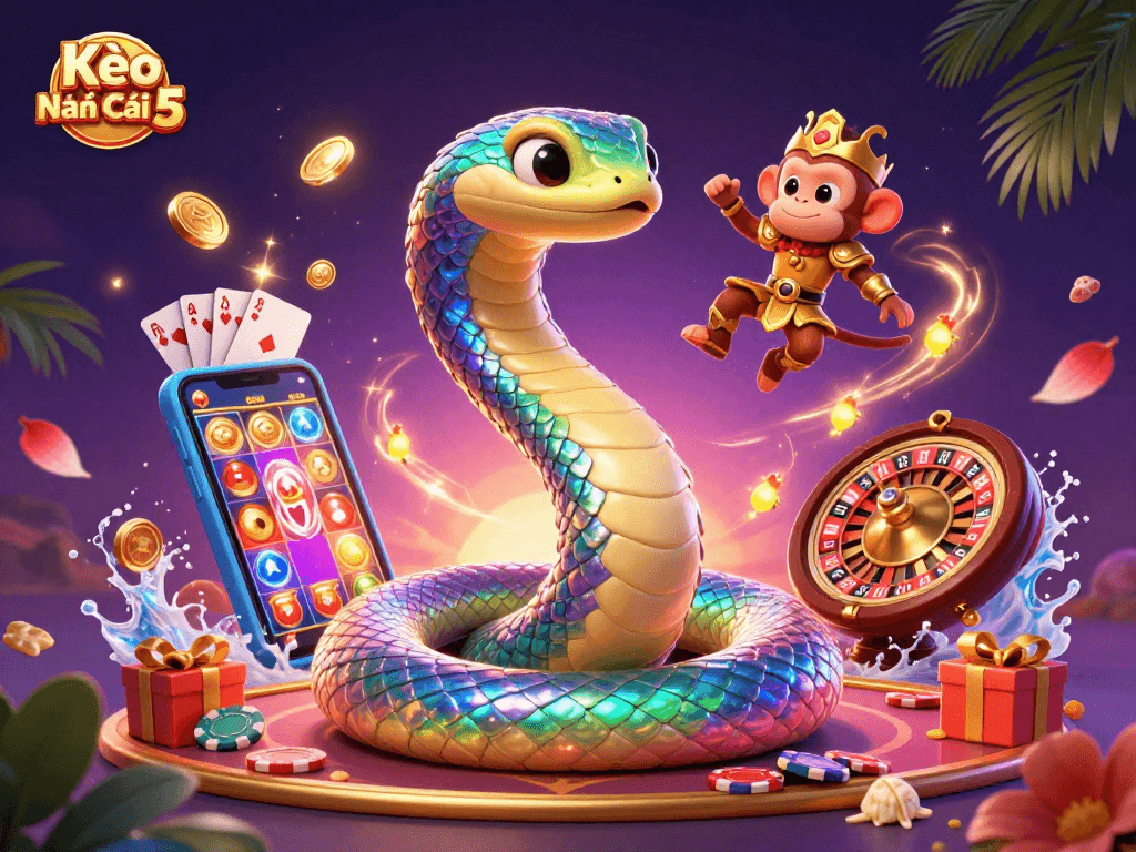 Kèo Nhà Cái 5 showcases a dynamic 3D gambling scene with vibrant characters and casino elements for an engaging experience.