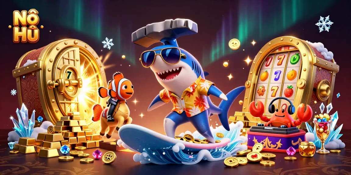Nổ Hũ slots illustration featuring a shark, clownfish, and crab amidst gold and gems.