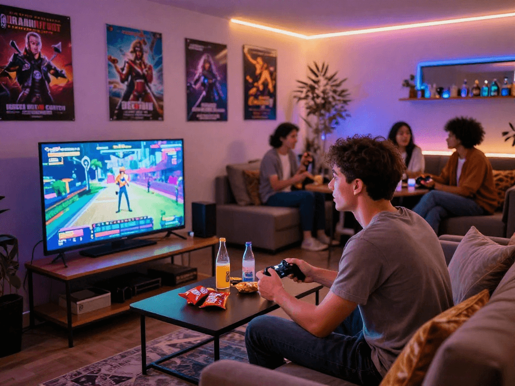 Play online porn games in a cozy lounge setting with friends, vibrant atmosphere.