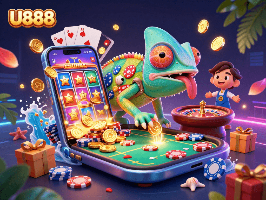 Engage with U888's vibrant casino experience featuring a playful chameleon collecting coins.