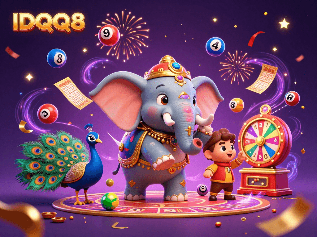 IDQQ88 offers an immersive experience with a lively scene of a cartoon elephant and festive gaming elements.