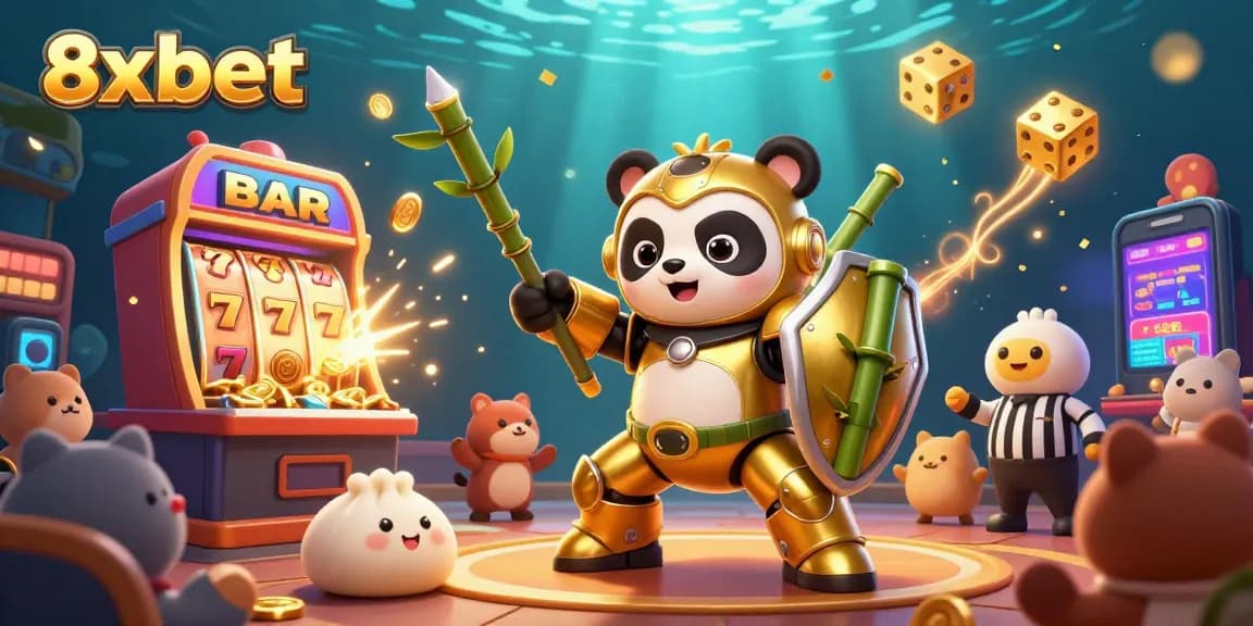 Engage in exciting slots at 8xbet, featuring vibrant scenes with a golden panda mech and slot machine jackpots bursting with rewards.
