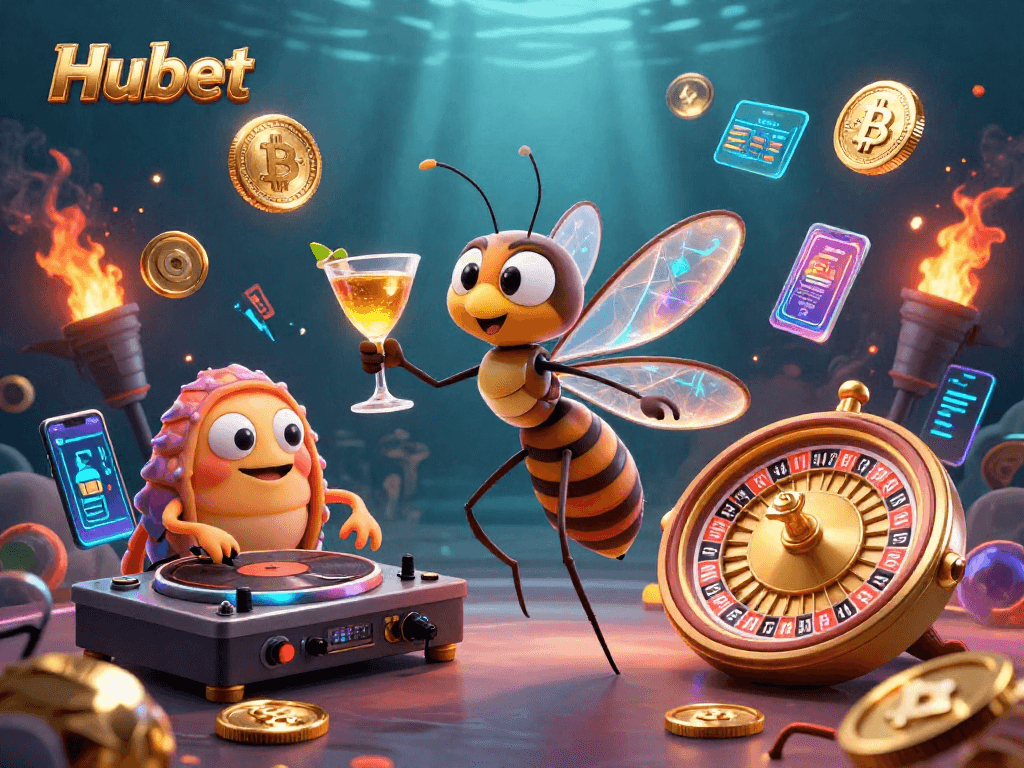 Experience the thrill of Hubet with a vibrant 3D casino scene featuring unique characters and crypto elements.